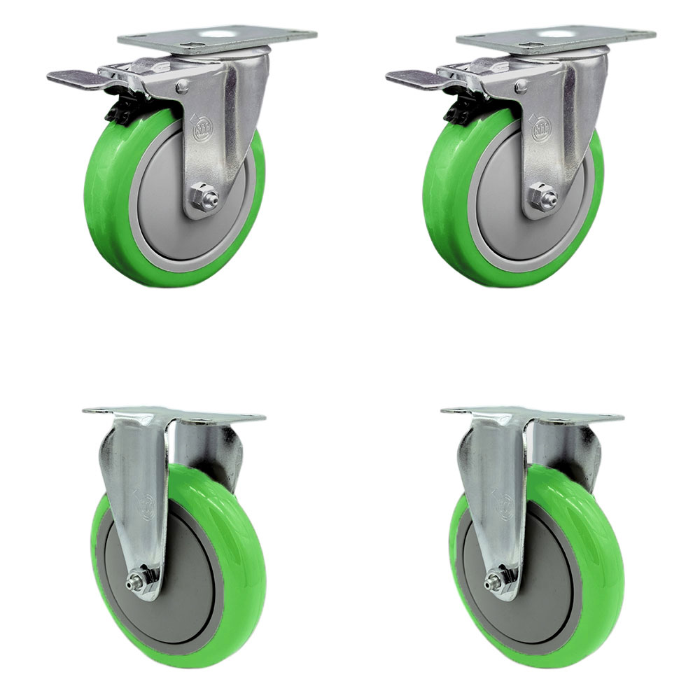 Stainless Steel Polyurethane Top Plate Caster Set of 4 w/5" x 1.25" Green Wheels - 2 Swivel Casters w/Total Locking Brake & 2 Rigid - 1400 lbs Capacity/Caster - Service Caster Brand — photo 1