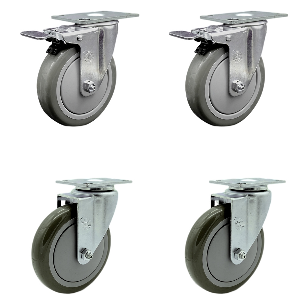 Stainless Steel Polyurethane Swivel Top Plate Caster Set of 4 w/5" x 1.25"  Gray Wheels - Includes 2 with Total Locking Brakes - 1400 lbs Total Capacity - Service Caster Brand — photo 1
