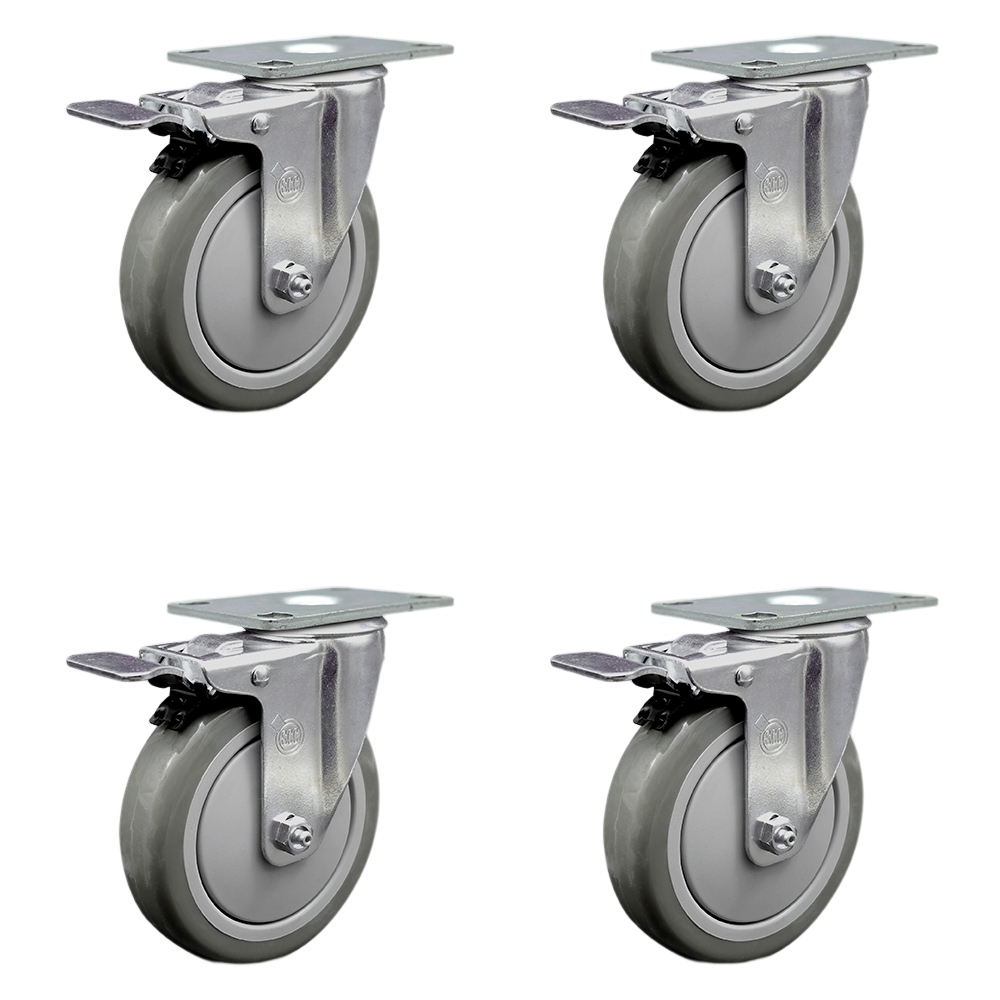 Stainless Steel Polyurethane Swivel Top Plate Caster Set of 4 w/5" x 1.25" Gray Wheels - Includes 4 Swivel with Total Lock Brakes - 1400 lbs Total Capacity - Service Caster Brand — photo 1