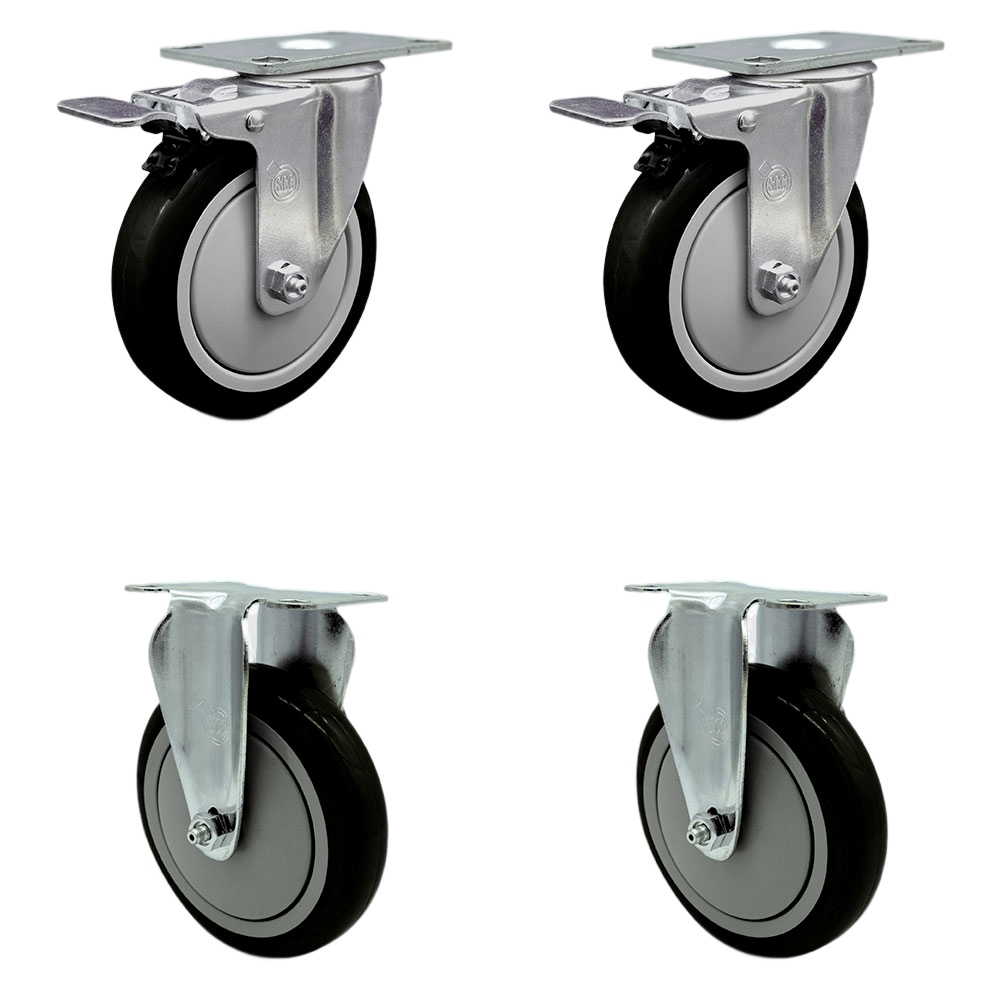 Stainless Steel Polyurethane Top Plate Caster Set of 4 w/5" x 1.25" Black Wheels - 2 Swivel Casters w/Total Locking Brake & 2 Rigid - 1400 lbs Capacity/Caster - Service Caster Brand — photo 1