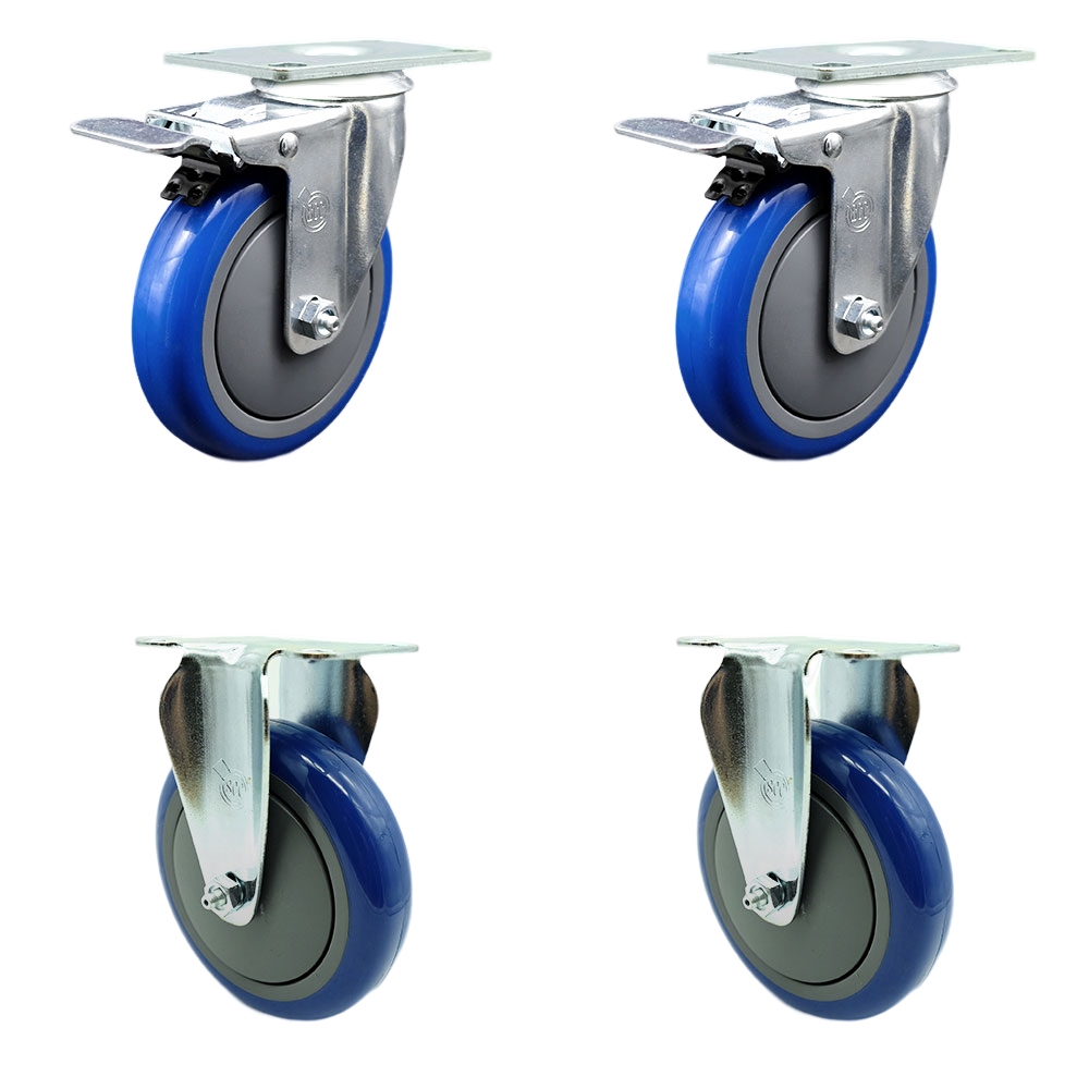 Stainless Steel Polyurethane Top Plate Caster Set of 4 w/5" x 1.25"  Blue Wheels - 2 Swivel Casters w/Total Locking Brake & 2 Rigid - 1400 lbs Capacity/Caster - Service Caster Brand — photo 1