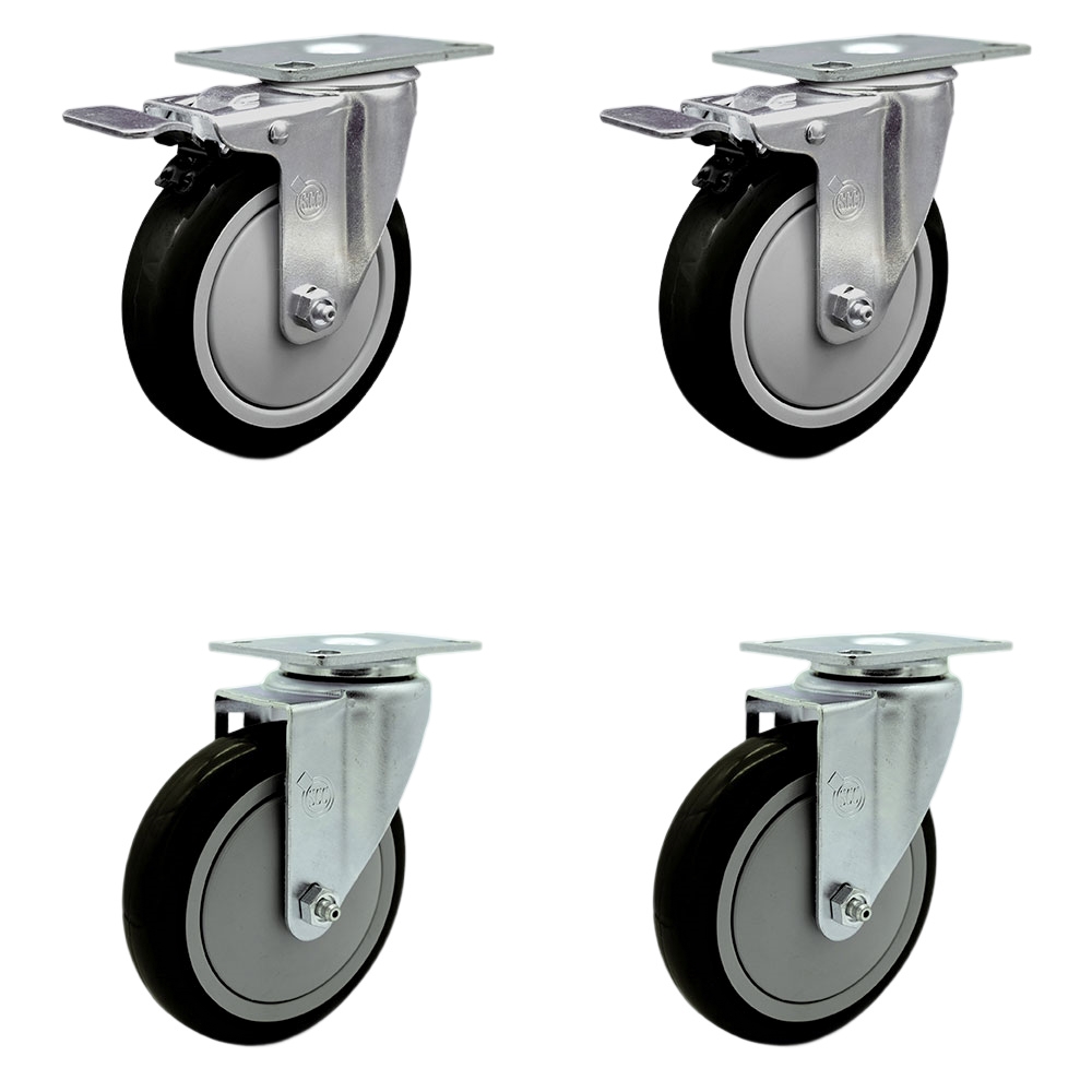 Stainless Steel Polyurethane Swivel Top Plate Caster Set of 4 w/5" x 1.25"  Black Wheels - Includes 2 with Total Locking Brakes - 1400 lbs Total Capacity - Service Caster Brand — photo 1