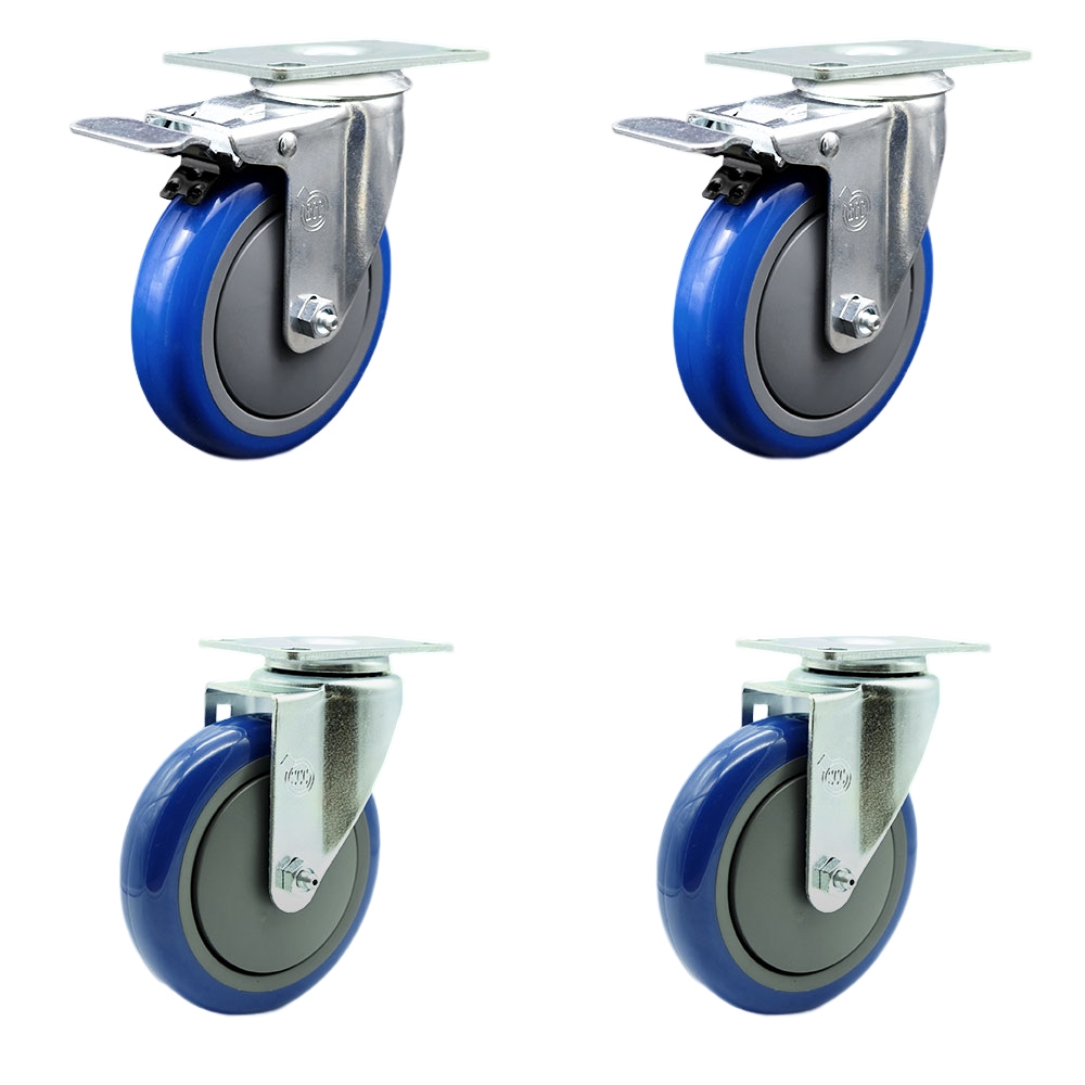 Stainless Steel Polyurethane Swivel Top Plate Caster Set of 4 w/5" x 1.25" Blue Wheels - Includes 2 with Total Locking Brakes - 1400 lbs Total Capacity - Service Caster Brand — photo 1