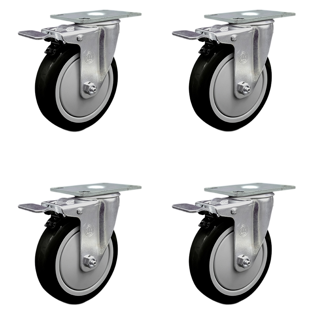 Stainless Steel Polyurethane Swivel Top Plate Caster Set of 4 w/5" x 1.25" Black Wheels - Includes 4 Swivel with Total Lock Brakes - 1400 lbs Total Capacity - Service Caster Brand — photo 1