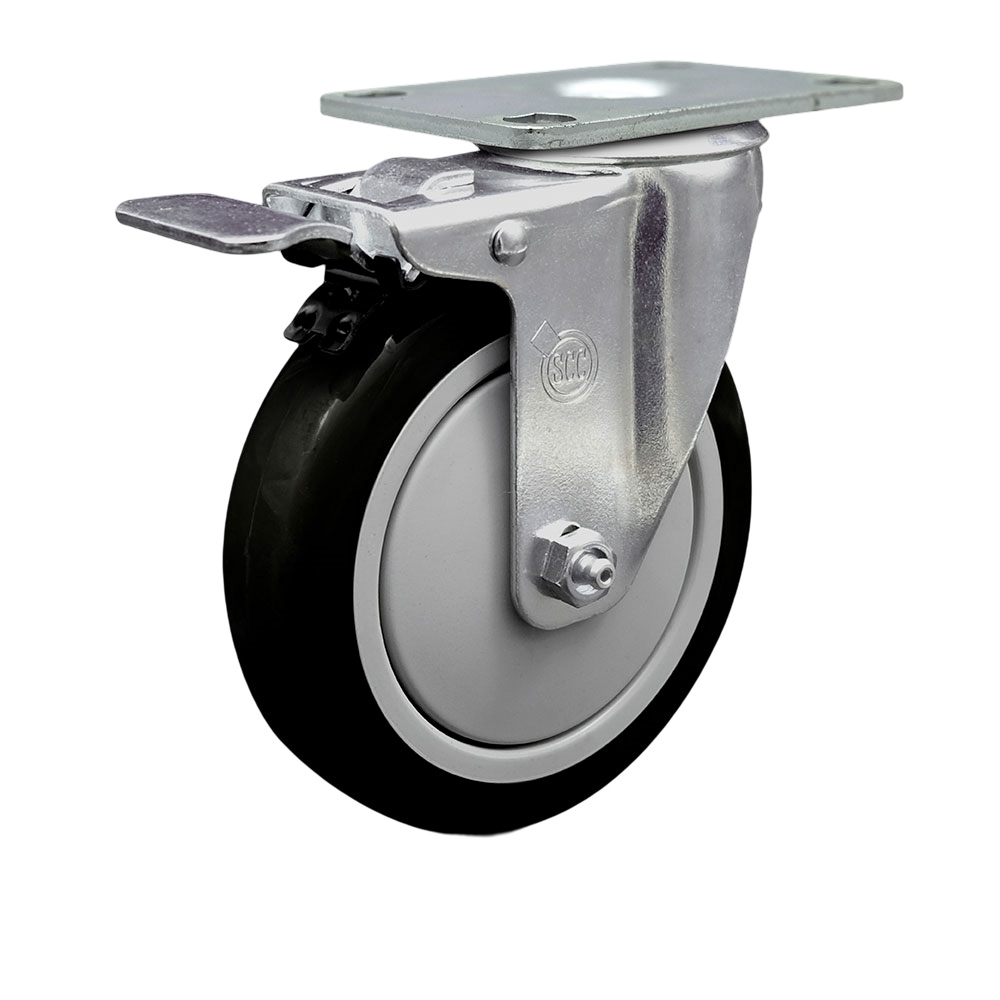Stainless Steel Polyurethane Swivel Top Plate Caster w/5" x 1.25" Black Wheel & Total Locking Brake - 350 lbs Capacity/Caster - Service Caster Brand — photo 1