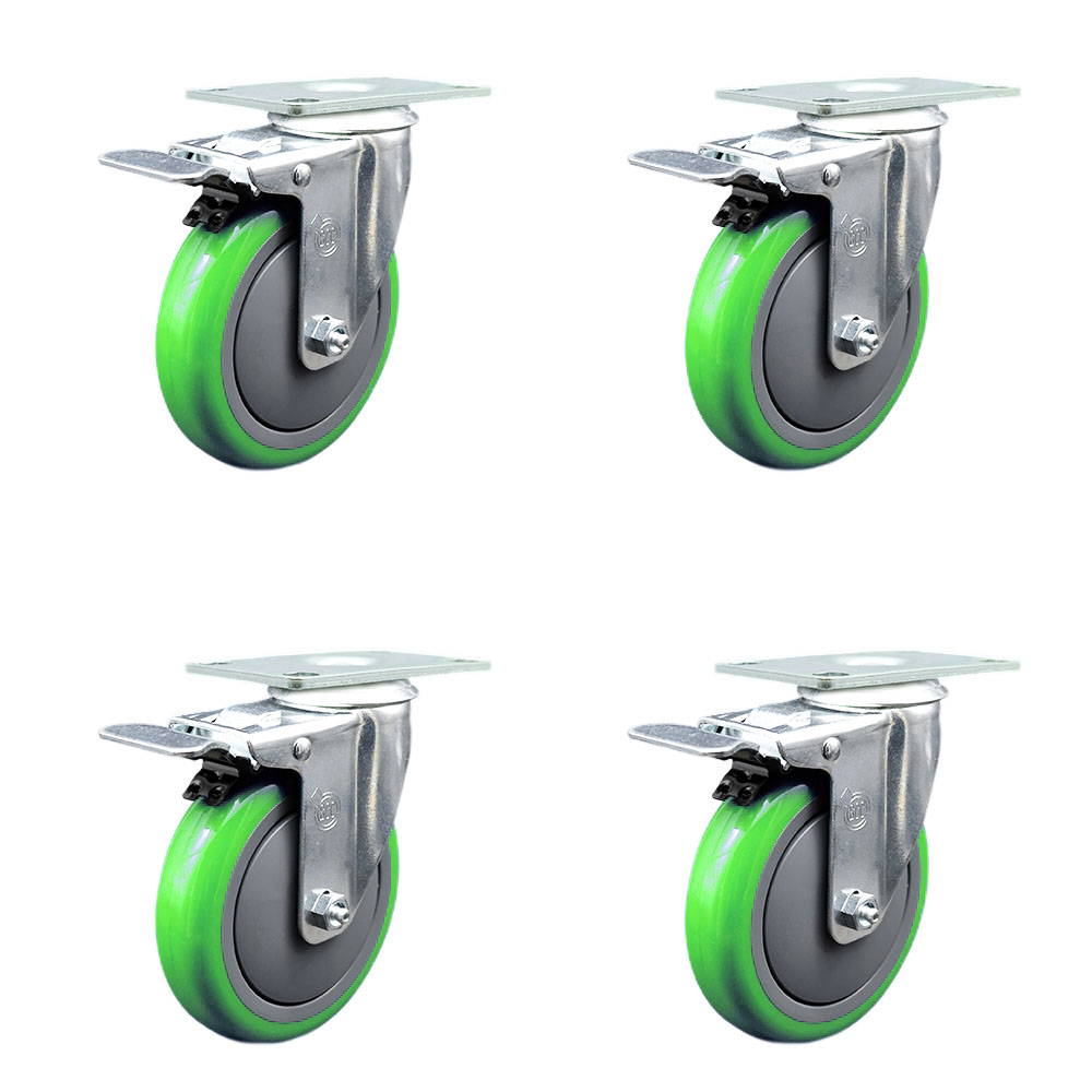 Stainless Steel Polyurethane Swivel Top Plate Caster Set of 4 w/5" x 1.25" Green Wheels - Includes 4 Swivel with Total Lock Brakes - 1400 lbs Total Capacity - Service Caster Brand — photo 1