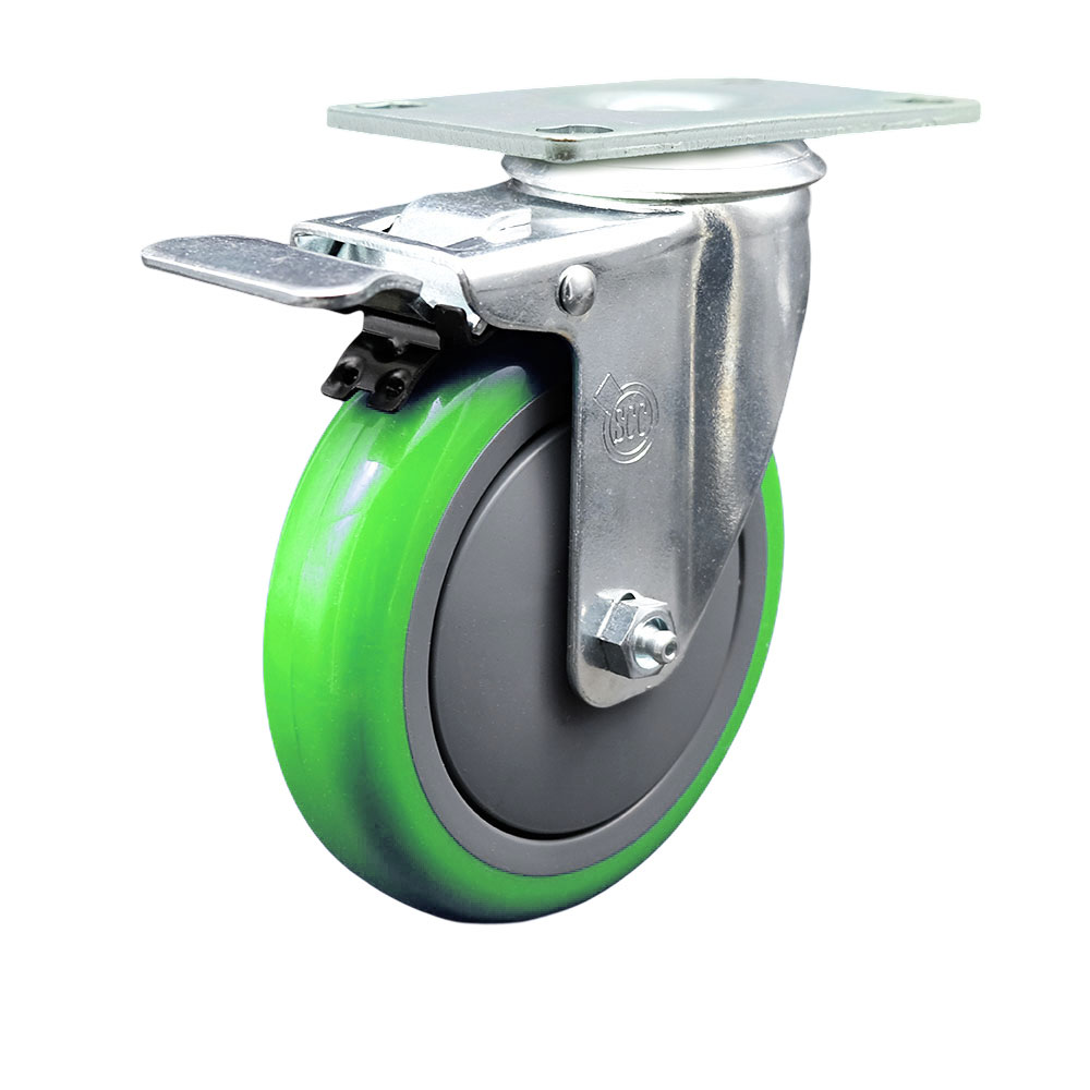 Stainless Steel Polyurethane Swivel Top Plate Caster w/5" x 1.25" Green Wheel & Total Locking Brake - 350 lbs Capacity/Caster - Service Caster Brand — photo 1