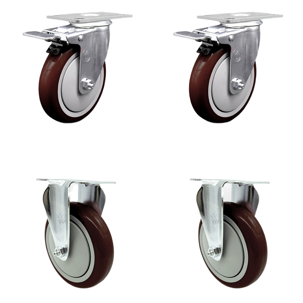 Stainless Steel Polyurethane Top Plate Caster Set of 4 w/5" x 1.25" Maroon Wheels - 2 Swivel Casters w/Total Locking Brake & 2 Rigid - 1400 lbs Capacity/Caster - Service Caster Brand — photo 1