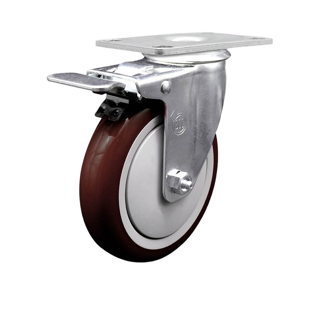 Stainless Steel Polyurethane Swivel Top Plate Caster w/5" x 1.25" Maroon Wheel & Total Locking Brake - 350 lbs Capacity/Caster - Service Caster Brand — photo 1