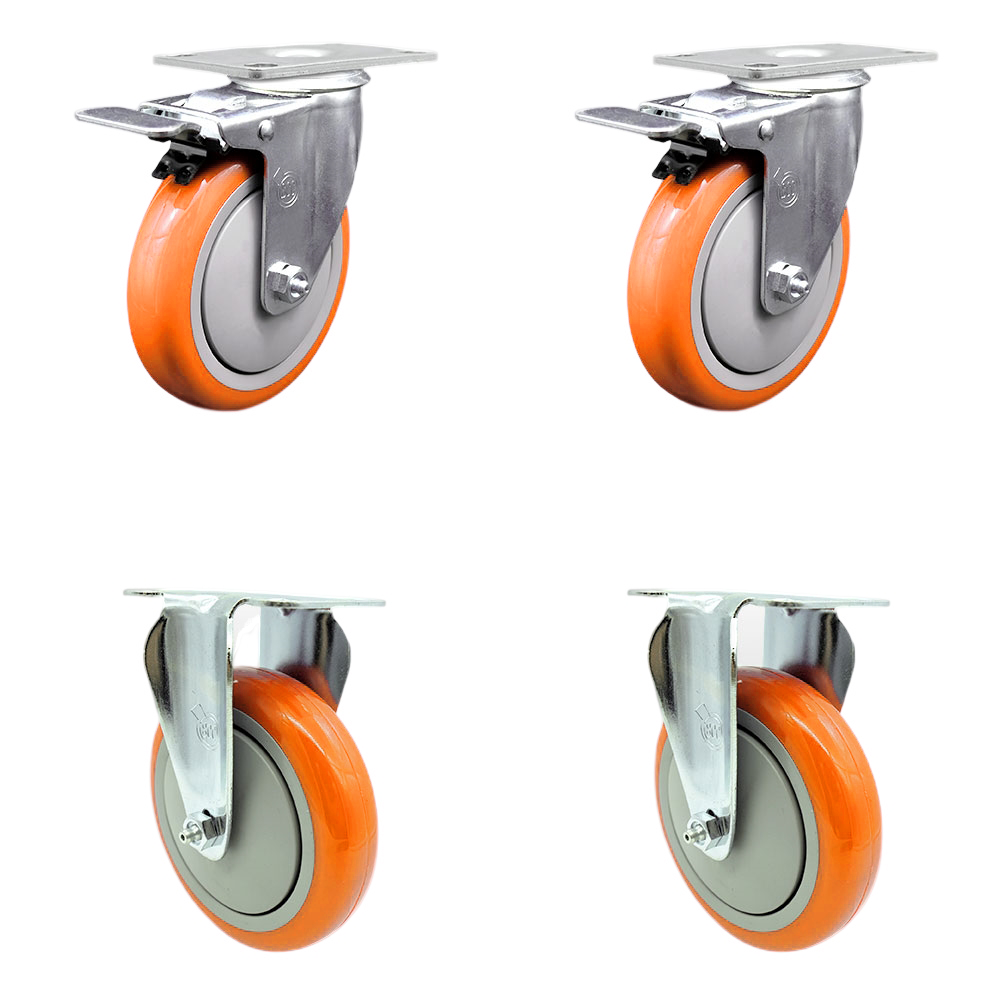Stainless Steel Polyurethane Top Plate Caster Set of 4 w/5" x 1.25"  Orange Wheels - 2 Swivel Casters w/Total Locking Brake & 2 Rigid - 1400 lbs Capacity/Caster - Service Caster Brand — photo 1