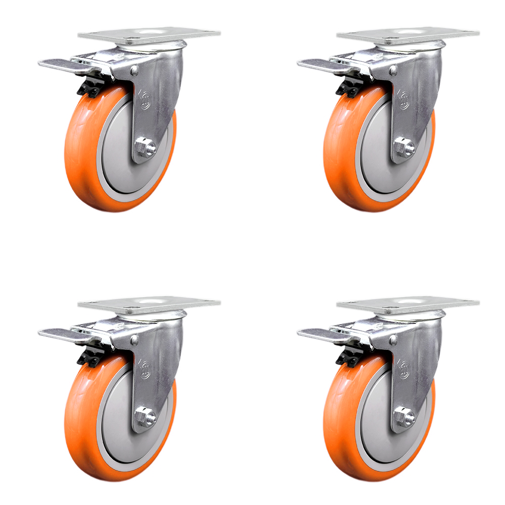 Stainless Steel Polyurethane Swivel Top Plate Caster Set of 4 w/5" x 1.25" Orange Wheels - Includes 4 Swivel with Total Lock Brakes - 1400 lbs Total Capacity - Service Caster Brand — photo 1
