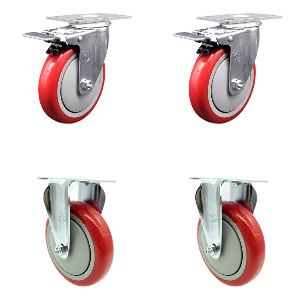 Stainless Steel Polyurethane Top Plate Caster Set of 4 w/5" x 1.25"  Red Wheels - 2 Swivel Casters w/Total Locking Brake & 2 Rigid - 1400 lbs Capacity/Caster - Service Caster Brand — photo 1
