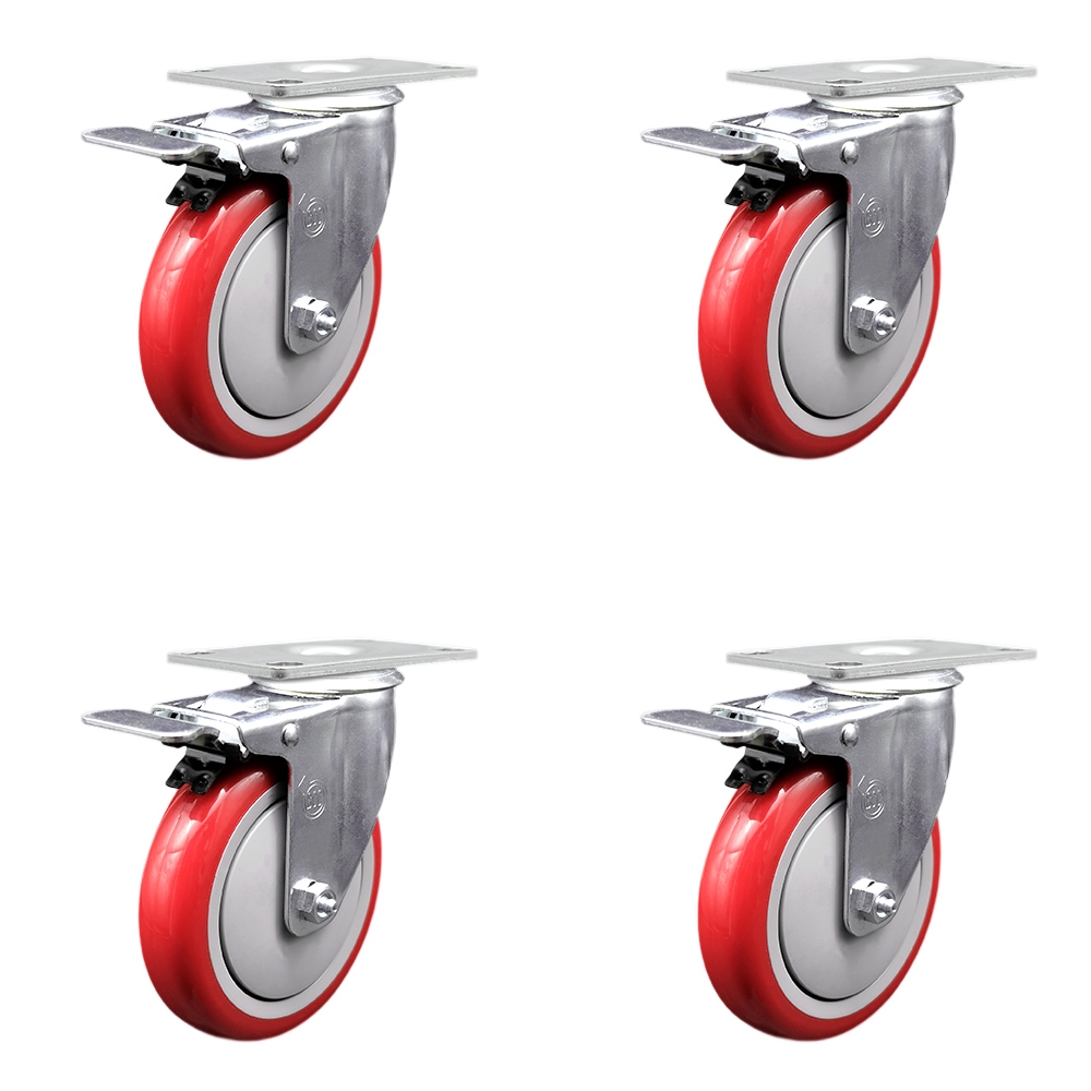 Stainless Steel Polyurethane Swivel Top Plate Caster Set of 4 w/5" x 1.25" Red Wheels - Includes 4 Swivel with Total Lock Brakes - 1400 lbs Total Capacity - Service Caster Brand — photo 1