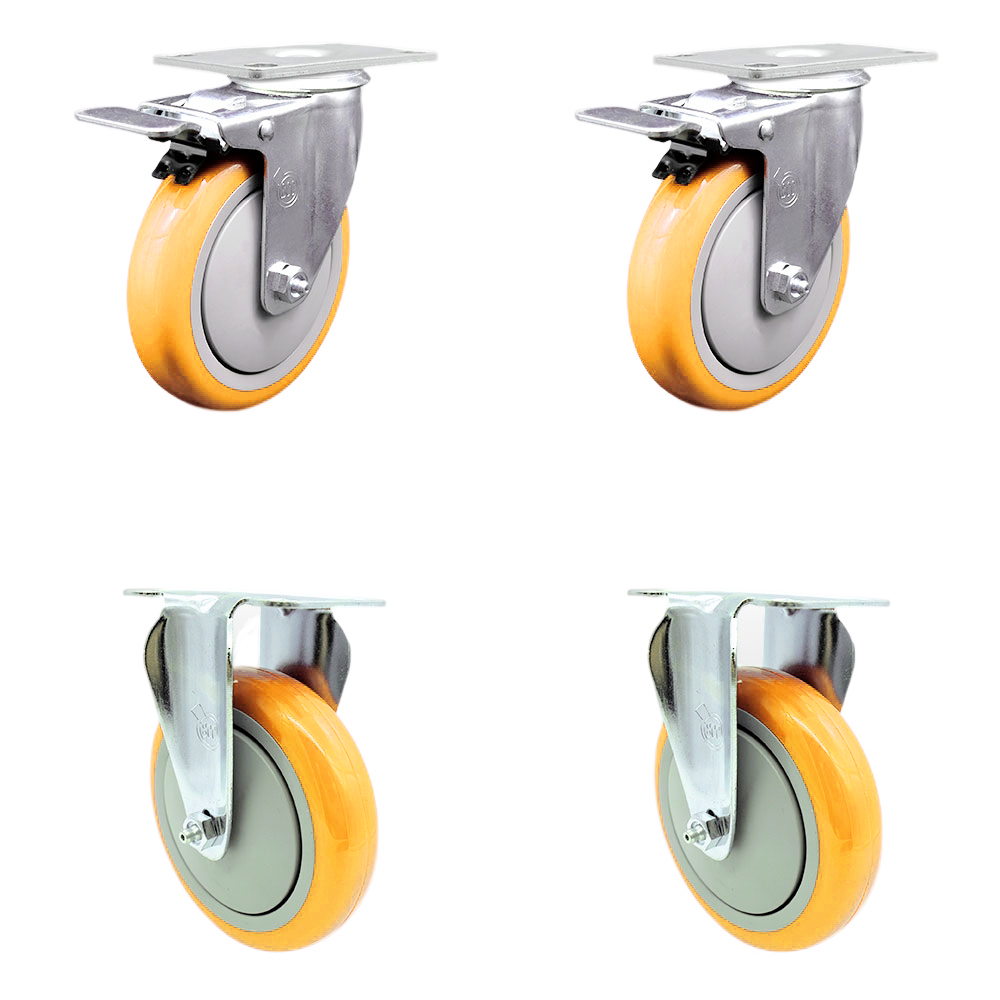 Stainless Steel Polyurethane Top Plate Caster Set of 4 w/5" x 1.25" Yellow Wheels - 2 Swivel Casters w/Total Locking Brake & 2 Rigid - 1400 lbs Capacity/Caster - Service Caster Brand — photo 1