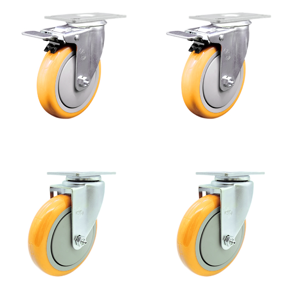 Stainless Steel Polyurethane Swivel Top Plate Caster Set of 4 w/5" x 1.25" Yellow Wheels - Includes 2 with Total Locking Brakes - 1400 lbs Total Capacity - Service Caster Brand — photo 1