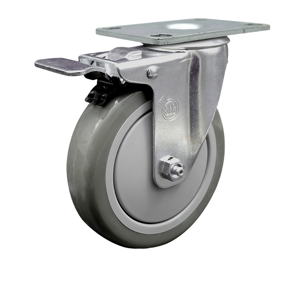 Stainless Steel Polyurethane Swivel Top Plate Caster w/5" x 1.25" Gray Wheel & Total Locking Brake - 350 lbs Capacity/Caster - Service Caster Brand — photo 1