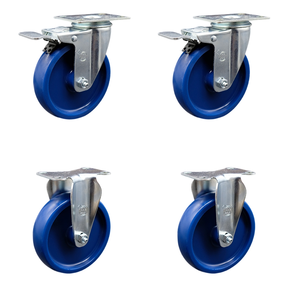 Stainless Steel Solid Polyurethane Swivel Top Plate Caster Set of 4 w/5" x 1.25" Blue Wheels - Includes 2 Swivel with Total Locking Brakes & 2 Rigid - 1200 lbs Total Capacity - Service Caster Brand — photo 1