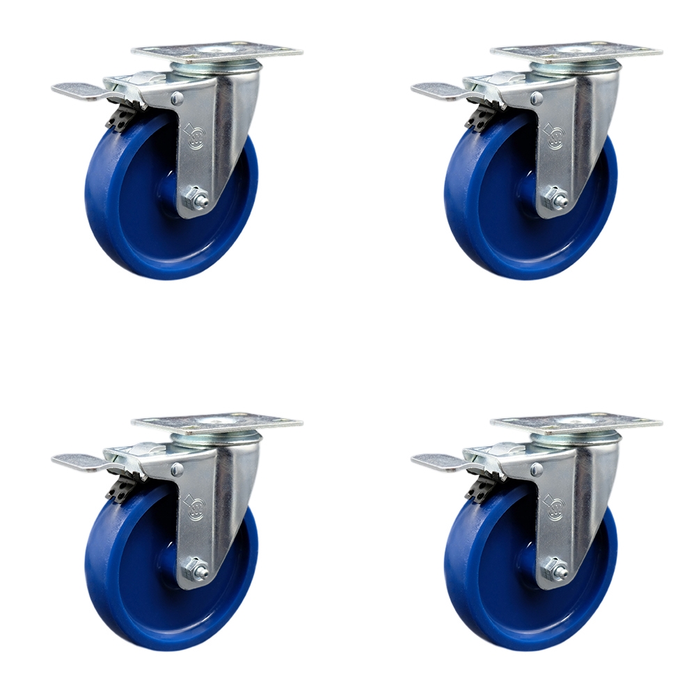 Stainless Steel Solid Polyurethane Swivel Top Plate Caster Set of 4 w/5" x 1.25" Blue Wheels - Includes 4 Swivel with Total Lock Brakes - 1200 lbs Total Capacity - Service Caster Brand — photo 1