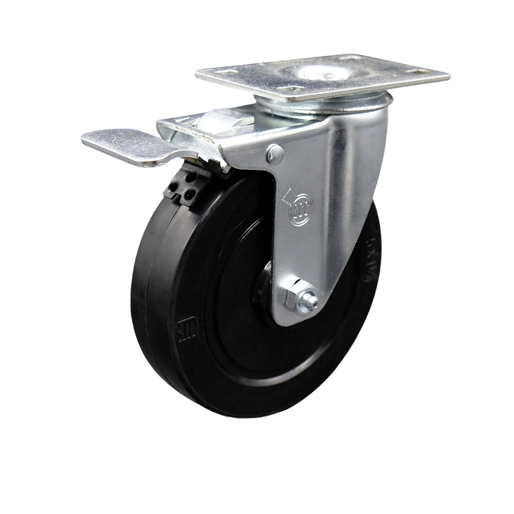 Stainless Steel Soft Rubber Swivel Top Plate Caster w/5" x 1.25" Black Wheel & Total Locking Brake - 275 lbs Capacity/Caster - Service Caster Brand — photo 1