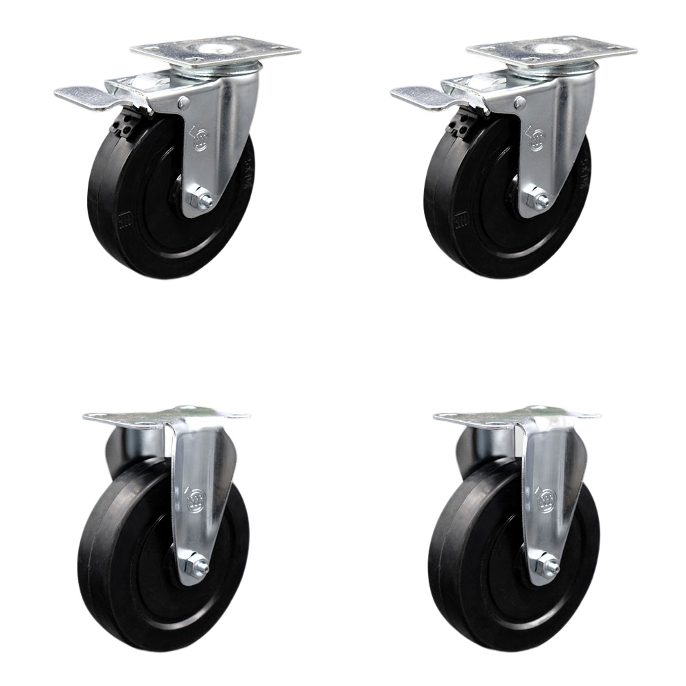 Stainless Steel Soft Rubber Swivel Top Plate Caster Set of 4 w/5" x 1.25" Black Wheels - Includes 2 Swivel with Total Locking Brakes & 2 Rigid - 1100 lbs Total Capacity - Service Caster Brand — photo 1