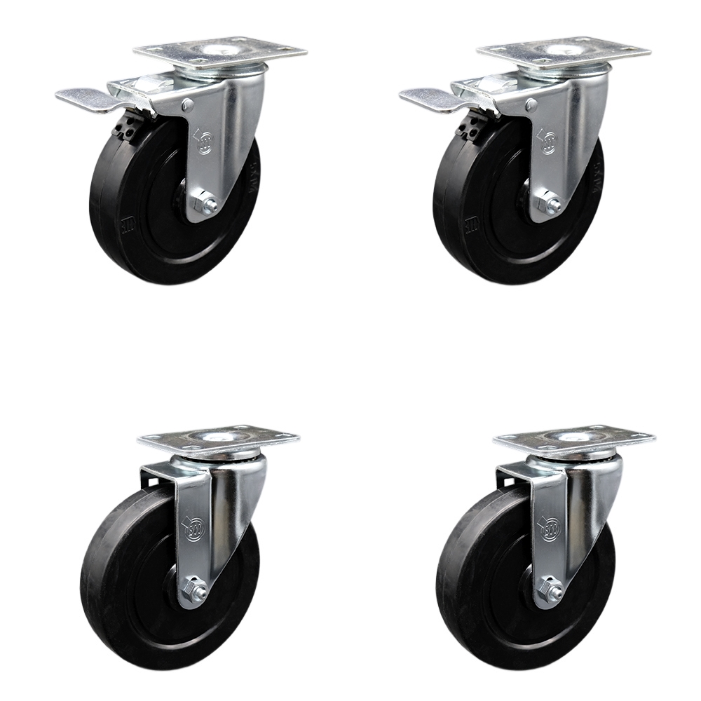 Stainless Steel Soft Rubber Swivel Top Plate Caster Set of 4 w/5" x 1.25" Black Wheels - Includes 2 Swivel with Total Locking Brakes & 2 Swivel - 1100 lbs Total Capacity - Service Caster Brand — photo 1