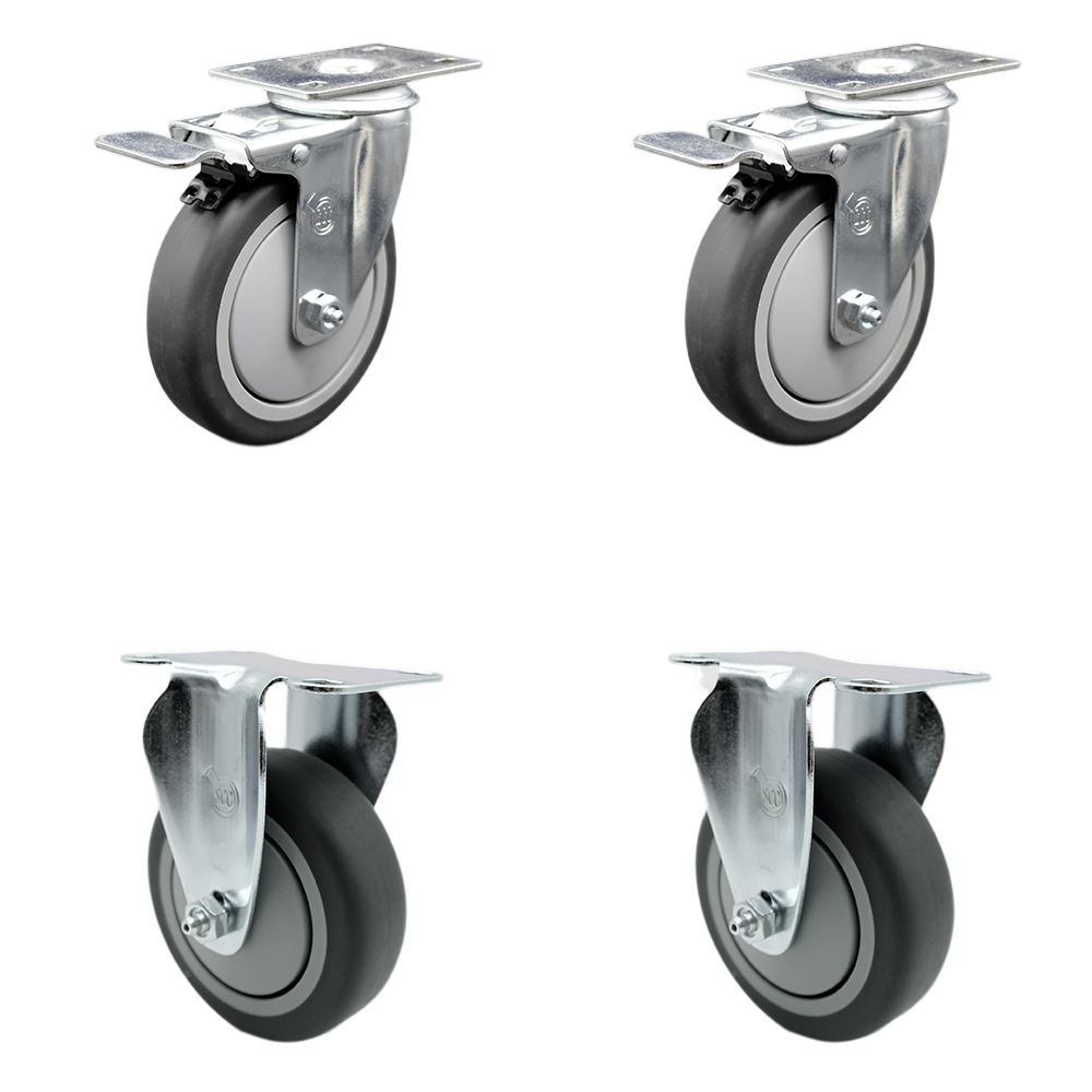 Stainless Steel Thermoplastic Rubber Swivel Top Plate Caster Set of 4 - 5" x 1.25" Gray Wheels - Includes 2 Swivel with Total Locking Brakes & 2 Rigid - 1,200 lbs Total Capacity- Service Caster Brand — photo 1
