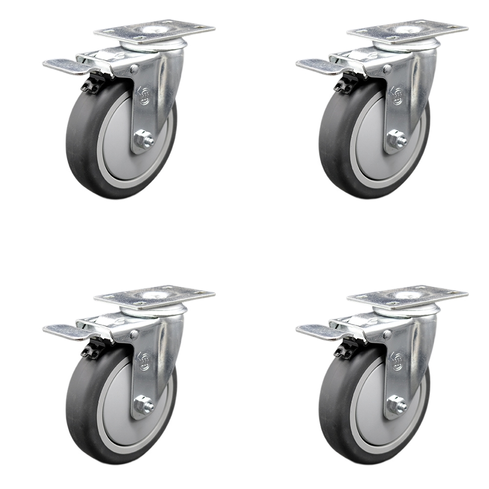 Stainless Steel Thermoplastic Rubber Swivel Top Plate Caster Set of 4 w/5" x 1.25" Gray Wheels - Includes 4 Swivel with Total Lock Brakes - 1200 lbs Total Capacity - Service Caster Brand — photo 1