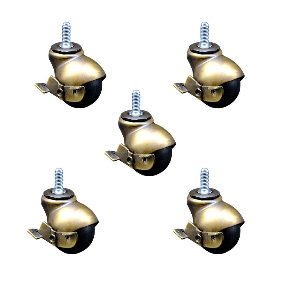 2 Inch Swivel Ball Caster Wheels for Furniture – Windsor Antique Brass Hooded Stem Casters with 3/8 Threaded Stem and Brake - 375 lbs. Total Capacity - Set of 5 – Service Caster Brand — photo 1