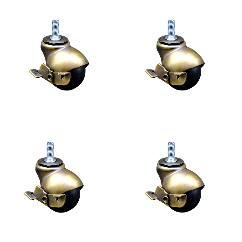 2 Inch Swivel Ball Caster Wheels for Furniture – Windsor Antique Brass Hooded Stem Casters with 5/16 Threaded Stem and Brake - 300 lbs. Total Capacity - Set of 4 – Service Caster Brand — photo 1
