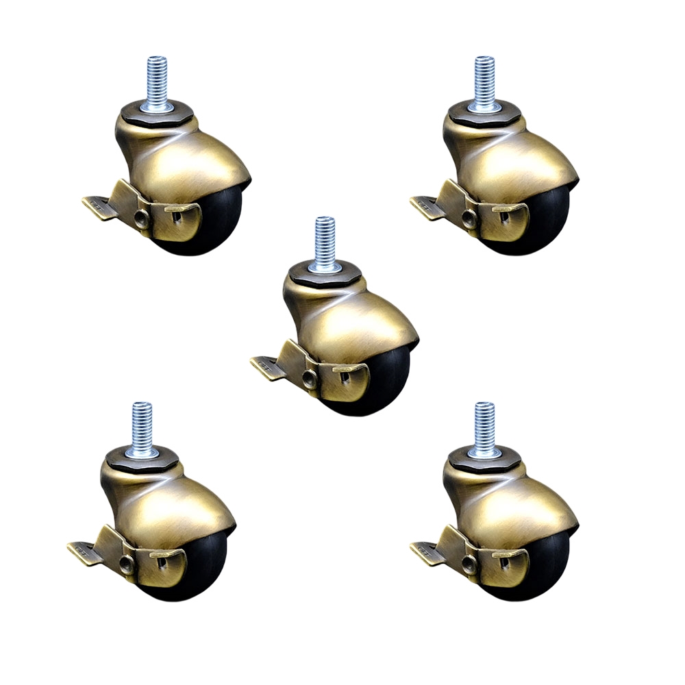 2 Inch Swivel Ball Caster Wheels for Furniture – Windsor Antique Brass Hooded Stem Casters with 5/16 Threaded Stem and Brake - 375 lbs. Total Capacity - Set of 5 – Service Caster Brand — photo 1