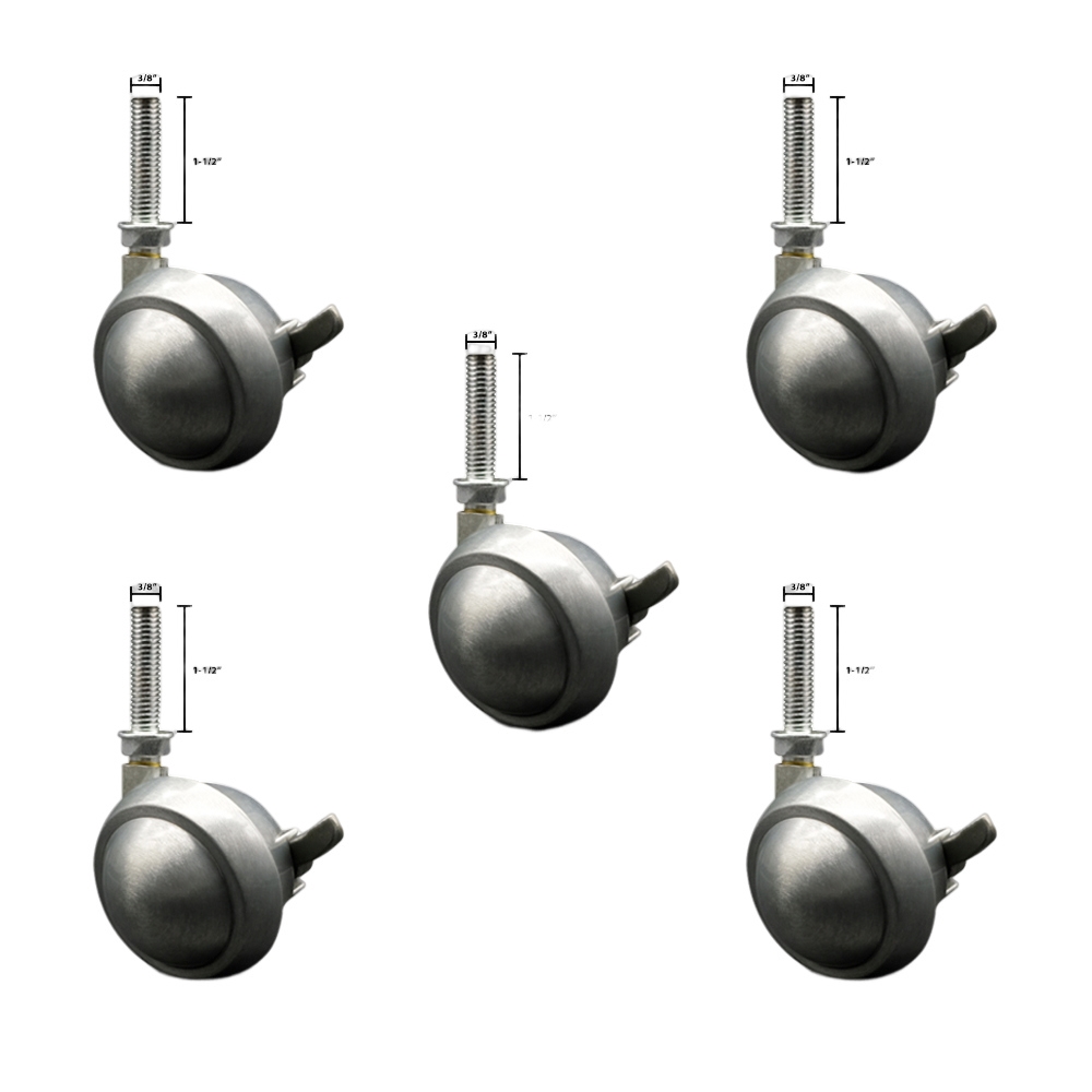 2-1/2 Inch Swivel Metal Ball Caster Wheels for Furniture - Bright Chrome Finish Stem Casters with 3/8 Inch - 16 TPI x 1-1/2 Inch Threaded Stem and Brake - Set of 5 - Service Caster Brand — photo 1