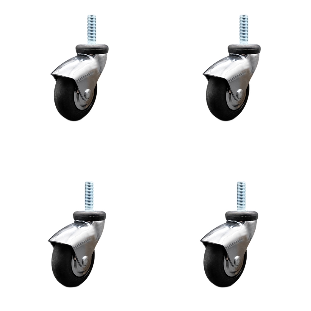3 Inch Swivel Caster Wheels for Furniture - Bright Chrome Hooded Neoprene Rubber Wheel with 1/2 Inch - 13 TPI x 1-1/2 Inch Threaded Stem - 440 lbs. Total Capacity - Set of 4 - Service Caster Brand — photo 1