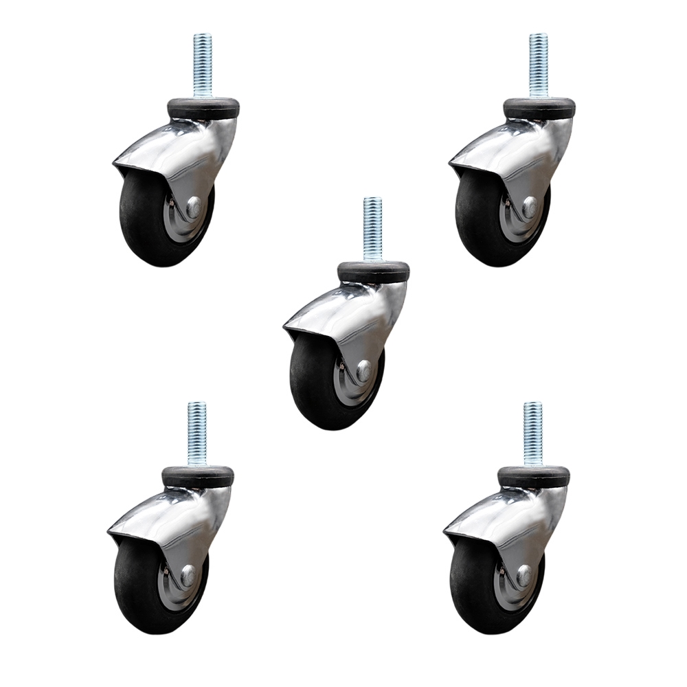 3 Inch Swivel Caster Wheels for Furniture - Bright Chrome Hooded Neoprene Rubber Wheel with 1/2 Inch - 13 TPI x 1-1/2 Inch Threaded Stem - 550 lbs. Total Capacity - Set of 5 - Service Caster Brand — photo 1