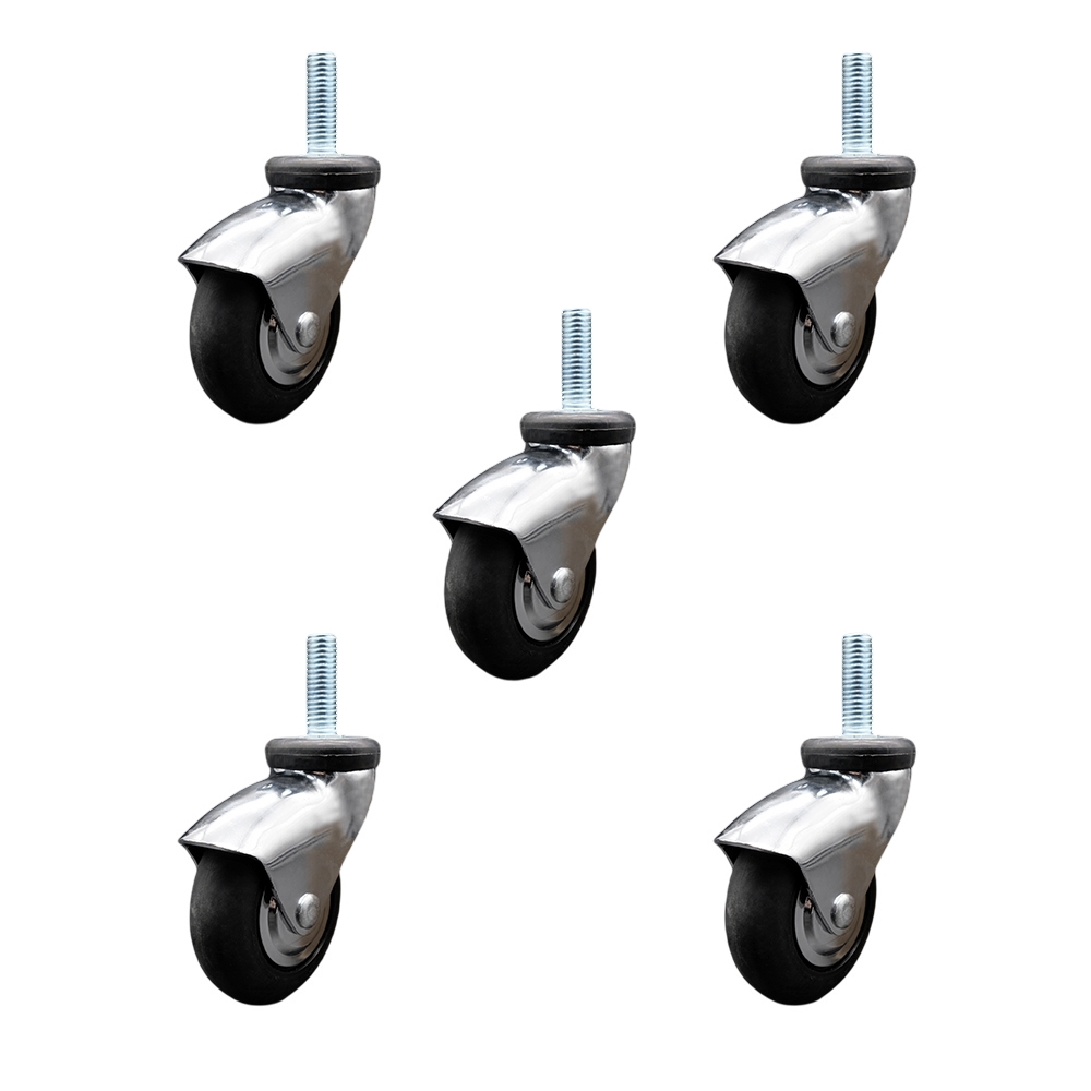 3 Inch Swivel Caster Wheels for Furniture - Bright Chrome Hooded Neoprene Rubber Wheel with 3/8 Inch - 16 TPI x 1-1/2 Inch Threaded Stem - 550 lbs. Total Capacity - Set of 5 - Service Caster Brand — photo 1