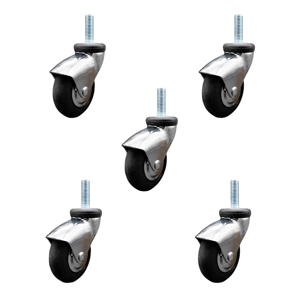 3 Inch Swivel Caster Wheels for Furniture - Bright Chrome Hooded Neoprene Rubber Wheel with 3/8 Inch - 16 TPI x 1-1/2 Inch Threaded Stem - 550 lbs. Total Capacity - Set of 5 - Service Caster Brand — photo 1