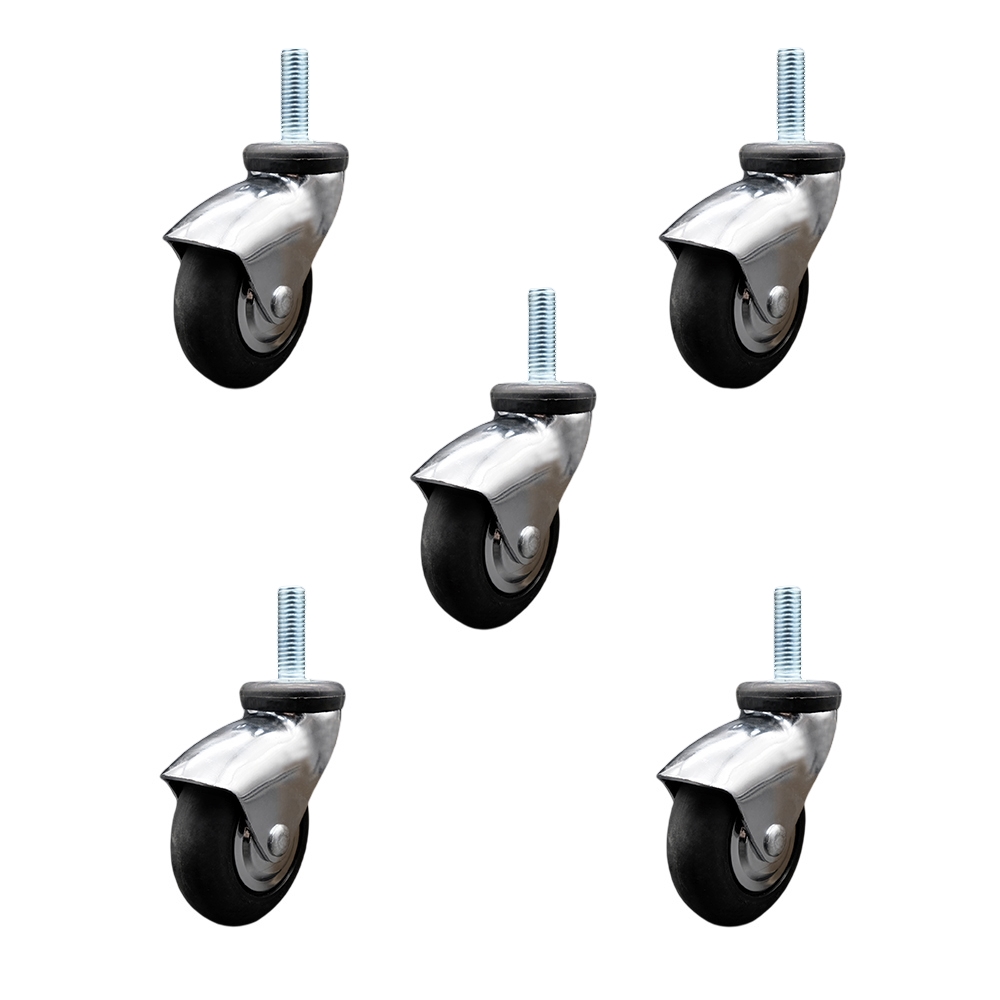 3 Inch Swivel Caster Wheels for Furniture - Bright Chrome Hooded Neoprene Rubber Wheel with 5/16 Inch - 18 TPI x 1 Inch Threaded Stem - 550 lbs. Total Capacity - Set of 5 - Service Caster Brand — photo 1