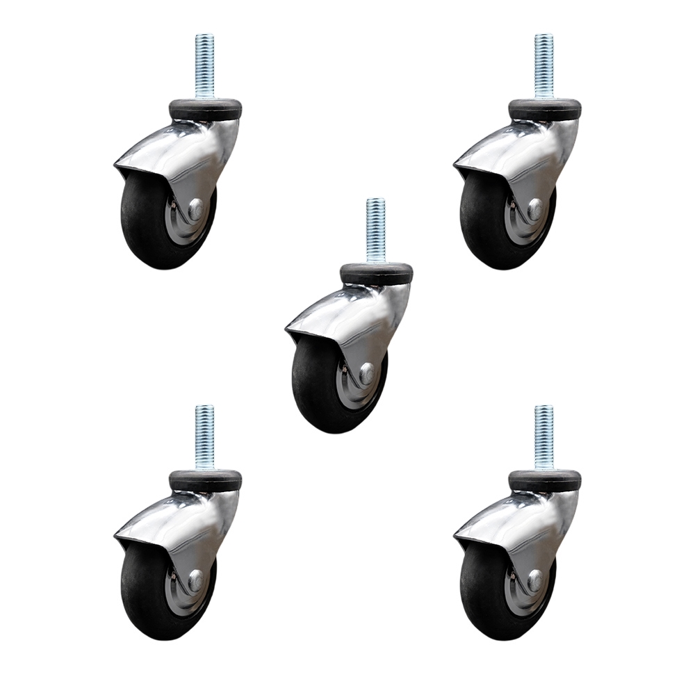 3 Inch Swivel Caster Wheels for Furniture-Bright Chrome Hooded Neoprene Rubber Wheel with 5/16 Inch - 18 TPI x 1-1/2 Inch Threaded Stem and Brake-550 lbs. Total Capacity-Set of 5- Service Caster Brand — photo 1