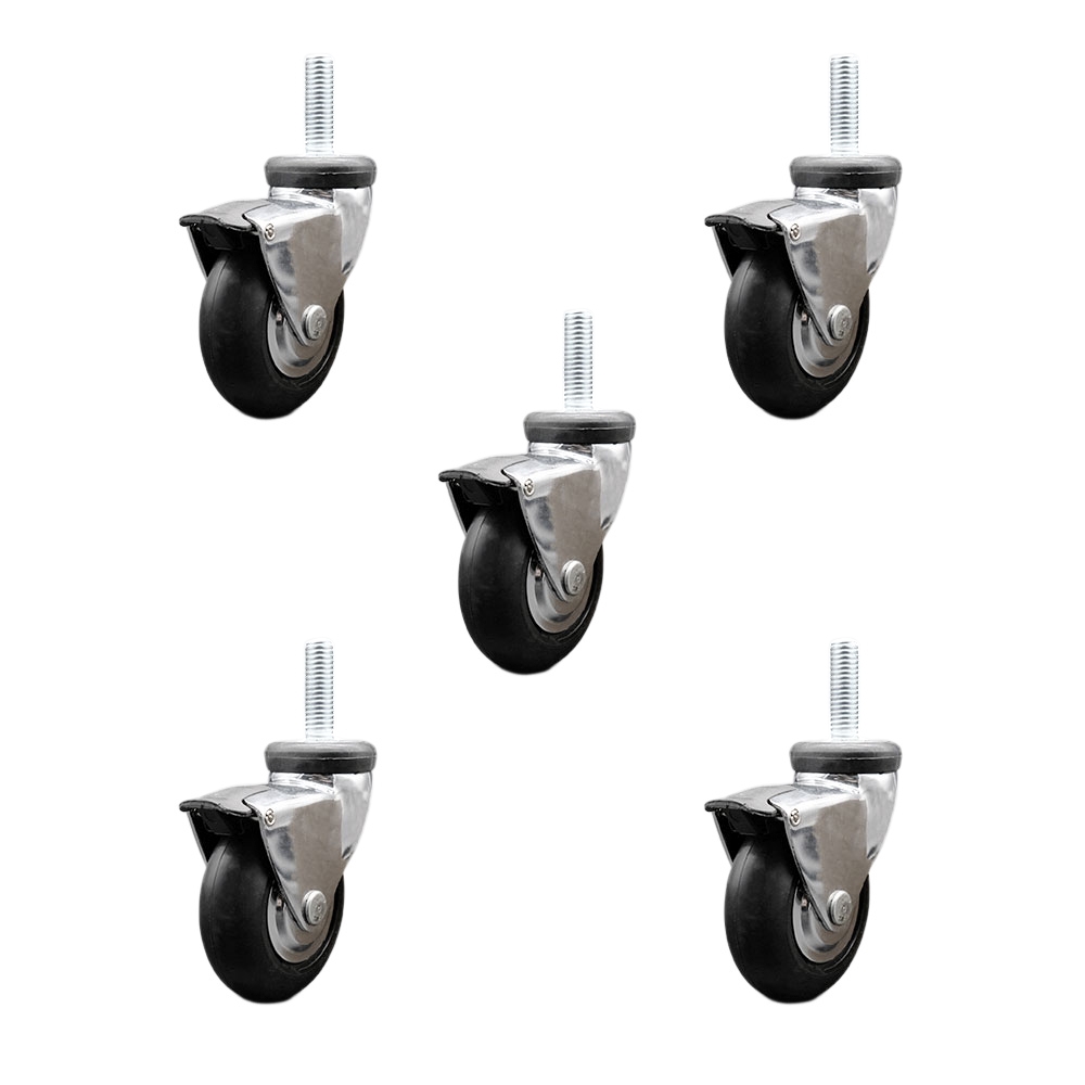 3 Inch Swivel Caster Wheels for Furniture - Bright Chrome Hooded Neoprene Rubber Wheel with 1/2 Inch - 13 TPI x 1-1/2 Inch Threaded Stem and Brake-550 lbs. Total Capacity-Set of 5-Service Caster Brand — photo 1