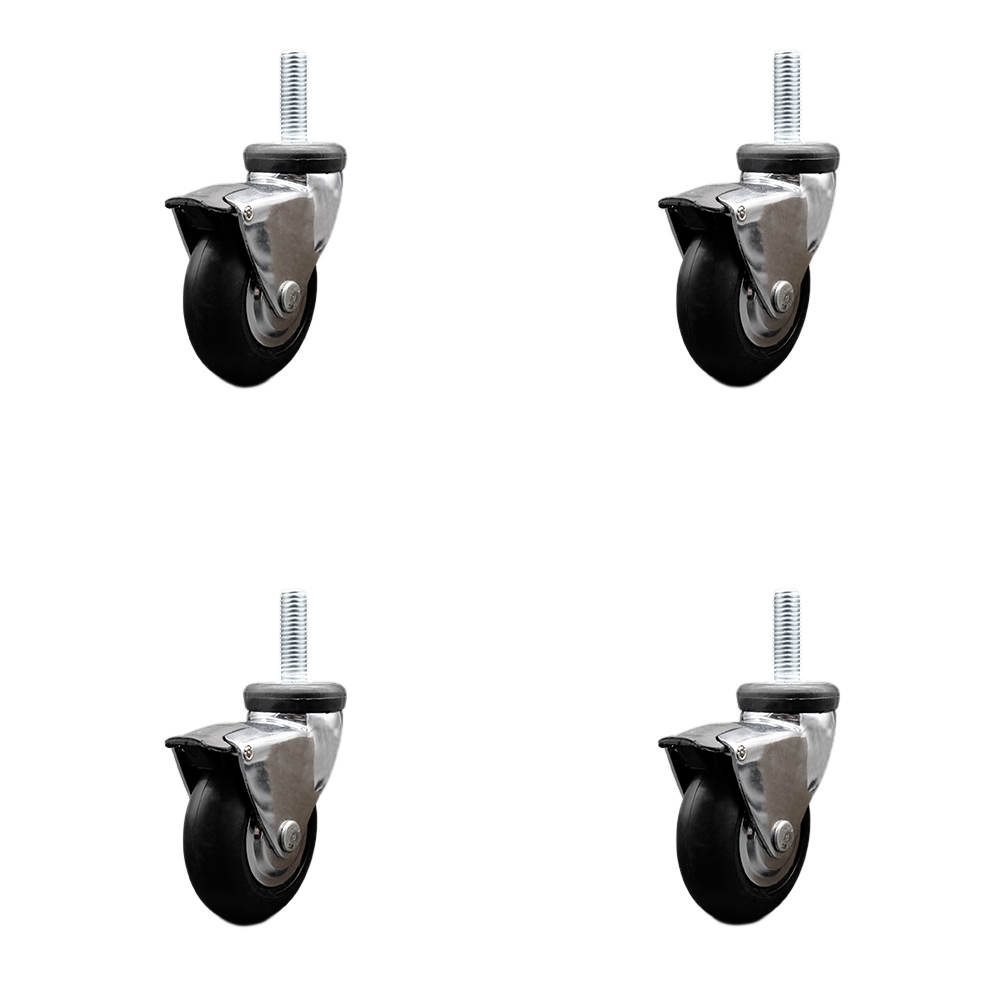 3 Inch Swivel Caster Wheels for Furniture - Bright Chrome Hooded Neoprene Rubber Wheel with 3/8 Inch - 16 TPI x 1 Inch Threaded Stem and Brake-440 lbs. Total Capacity - Set of 4 - Service Caster Brand — photo 1
