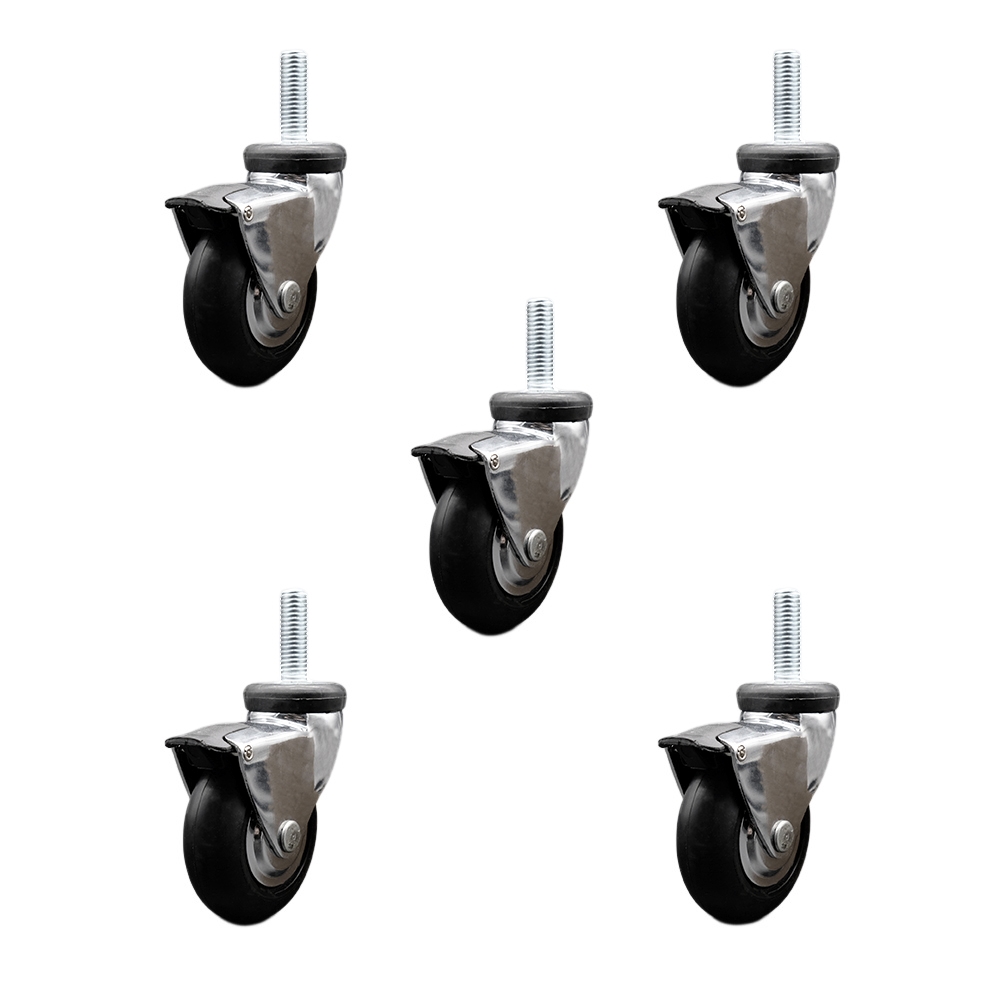 3 Inch Swivel Caster Wheels for Furniture - Bright Chrome Hooded Neoprene Rubber Wheel with 3/8 Inch - 16 TPI x 1 Inch Threaded Stem and Brake-550 lbs. Total Capacity - Set of 5 - Service Caster Brand — photo 1