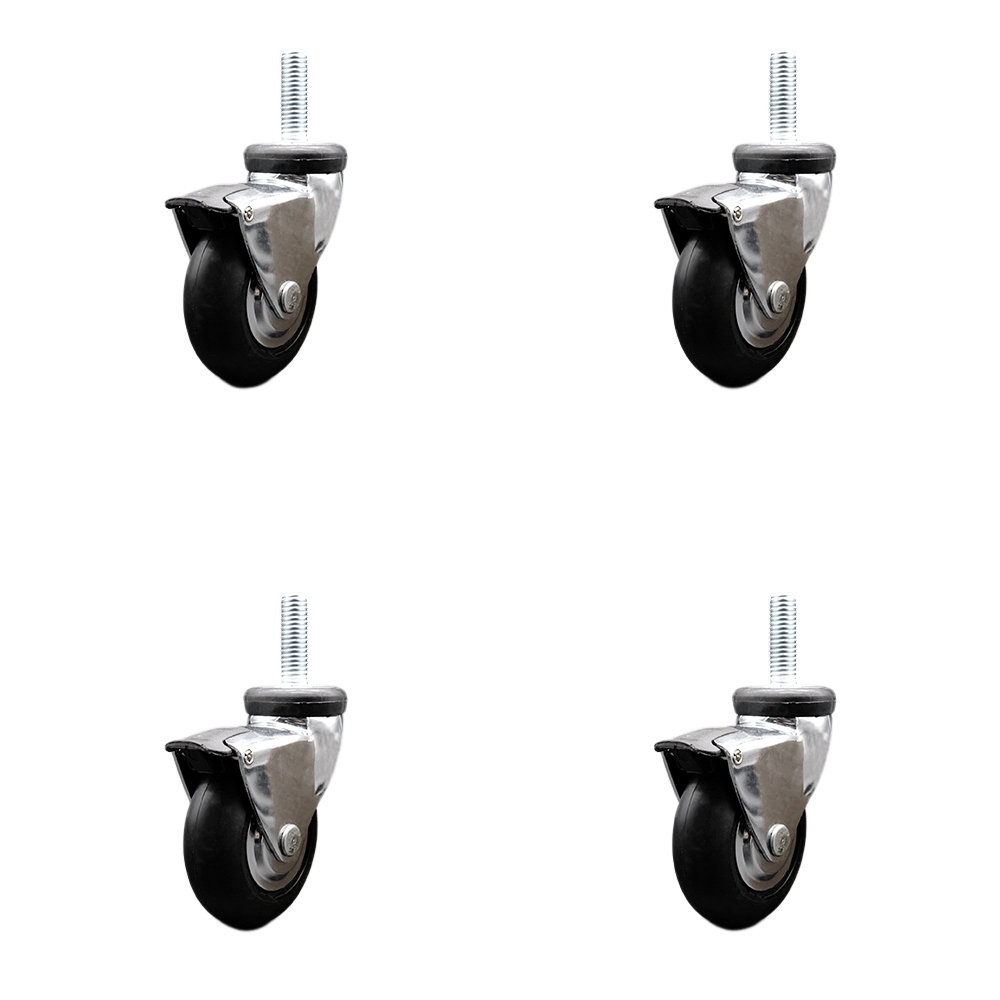 3 Inch Swivel Caster Wheels for Furniture - Bright Chrome Hooded Neoprene Rubber Wheel with 3/8 Inch - 16 TPI x 1-1/2 Inch Threaded Stem and Brake-440 lbs. Total Capacity-Set of 4-Service Caster Brand — photo 1