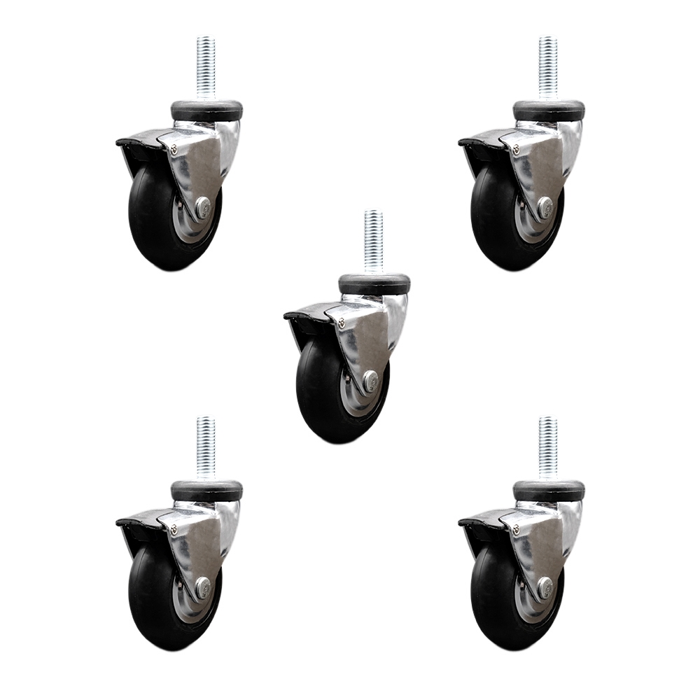 3 Inch Swivel Caster Wheels for Furniture - Bright Chrome Hooded Neoprene Rubber Wheel with 3/8 Inch - 16 TPI x 1-1/2 Inch Threaded Stem and Brake-550 lbs. Total Capacity-Set of 5-Service Caster Brand — photo 1