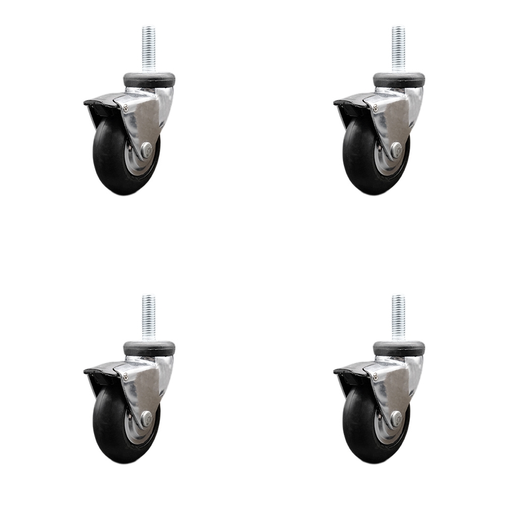 3 Inch Swivel Caster Wheels for Furniture - Bright Chrome Hooded Neoprene Rubber Wheel with 5/16 Inch - 18 TPI x 1 Inch Threaded Stem and Brake -440 lbs. Total Capacity-Set of 4 - Service Caster Brand — photo 1