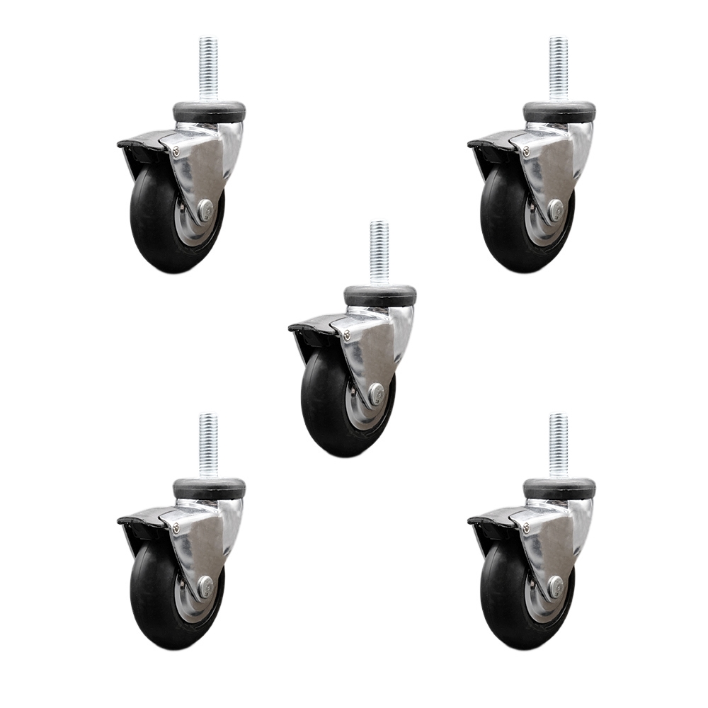 3 Inch Swivel Caster Wheels for Furniture - Bright Chrome Hooded Neoprene Rubber Wheel with 5/16 Inch - 18 TPI x 1 Inch Threaded Stem and Brake -550 lbs. Total Capacity-Set of 5 - Service Caster Brand — photo 1
