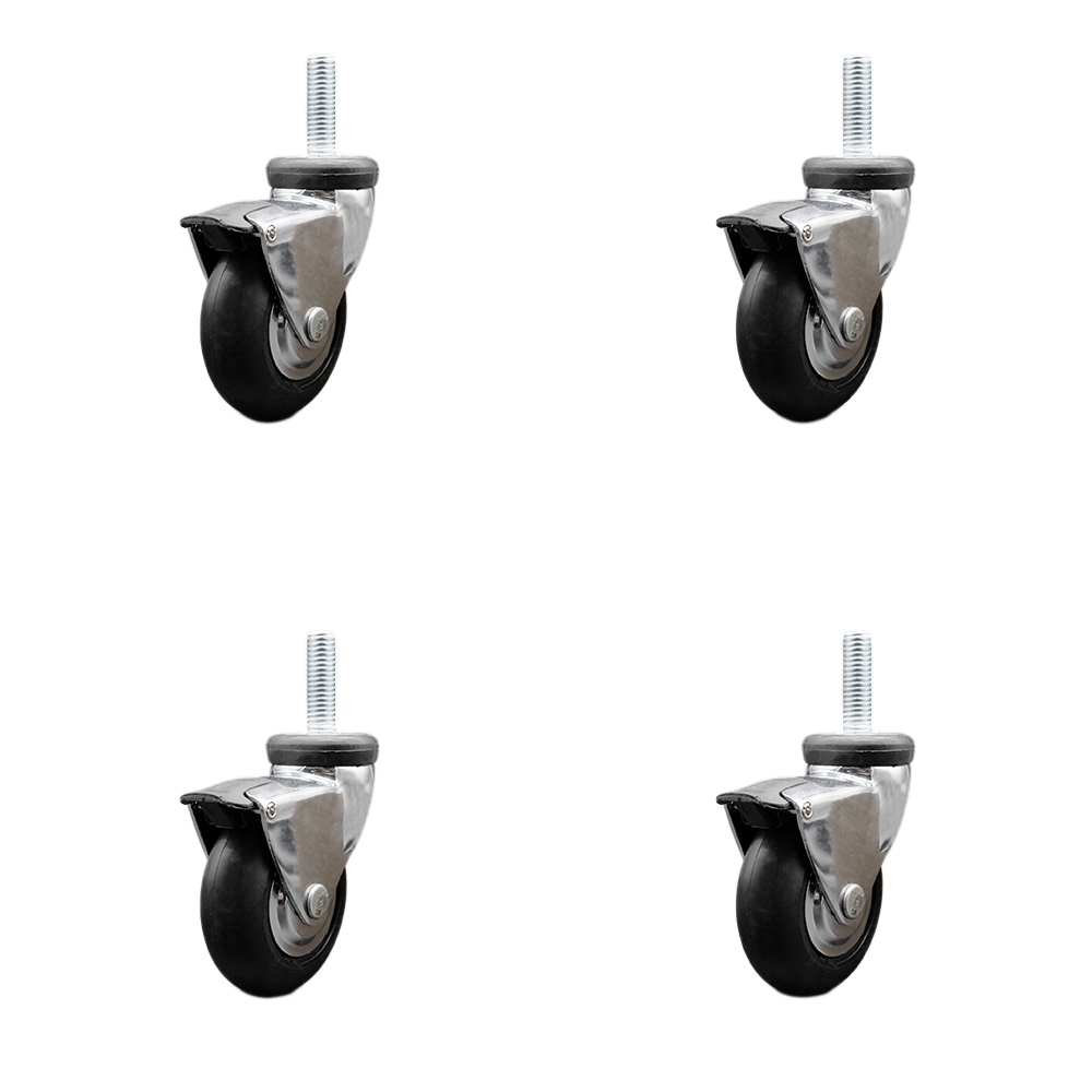 3 Inch Swivel Caster Wheels for Furniture - Bright Chrome Hooded Neoprene Rubber Wheel with 5/16 Inch - 18 TPI x 1-1/2 Inch Threaded Stem and Brake-440lbs. Total Capacity-Set of 4-Service Caster Brand — photo 1