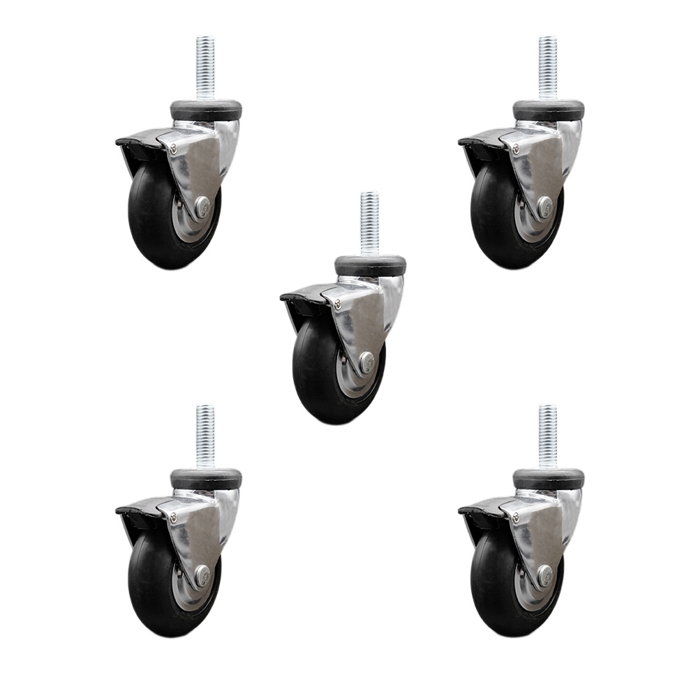 3 Inch Swivel Caster Wheels for Furniture - Bright Chrome Hooded Neoprene Rubber Wheel with 5/16 Inch - 18 TPI x 1-1/2 Inch Threaded Stem and Brake-550lbs. Total Capacity-Set of 5-Service Caster Brand — photo 1