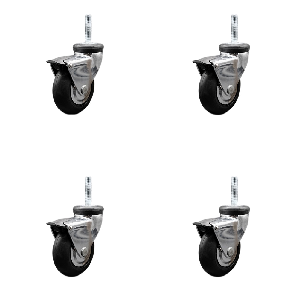 3 Inch Swivel Caster Wheels for Furniture - Bright Chrome Hooded Neoprene Rubber Wheel with 10mm - 1.50 x 1-1/2 Inch Metric Threaded Stem and Brake-440lbs. Total Capacity-Set of 4-Service Caster Brand — photo 1