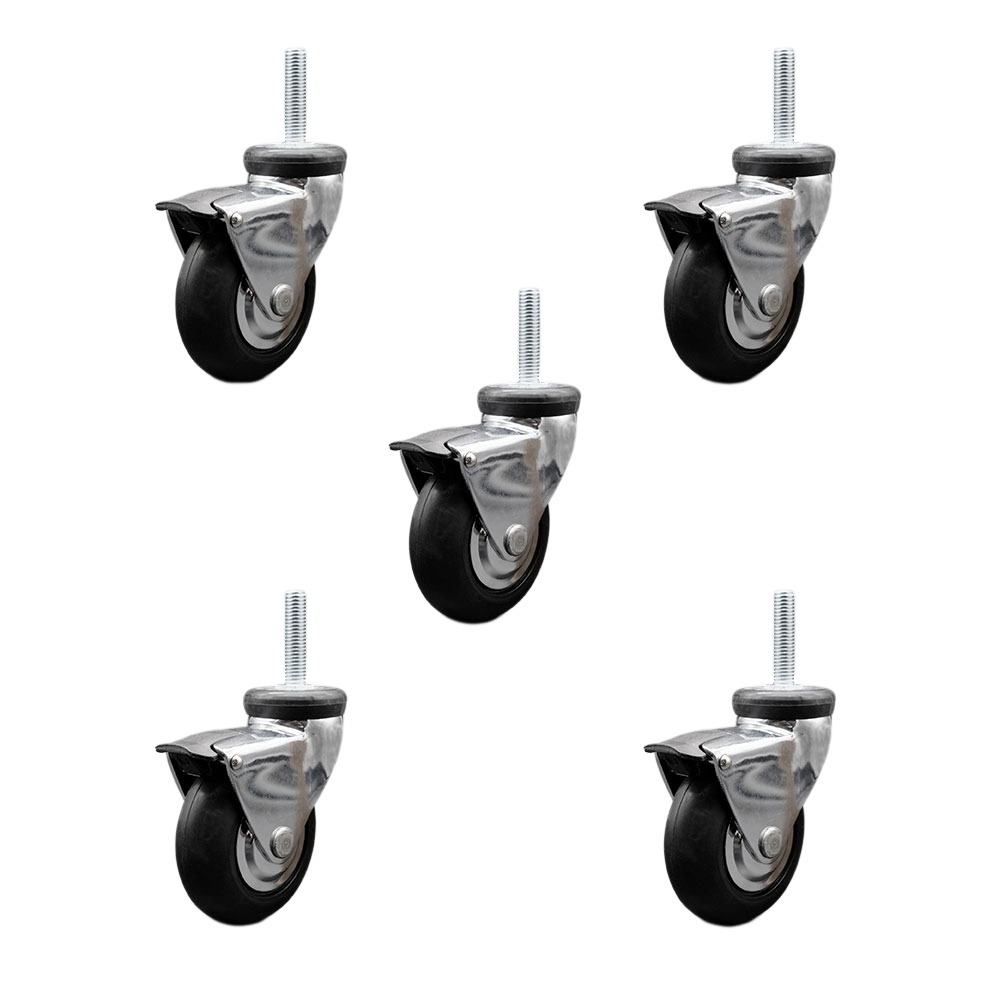 3 Inch Swivel Caster Wheels for Furniture - Bright Chrome Hooded Neoprene Rubber Wheel with 10mm - 1.50 x 1-1/2 Inch Metric Threaded Stem and Brake-550lbs. Total Capacity-Set of 5-Service Caster Brand — photo 1