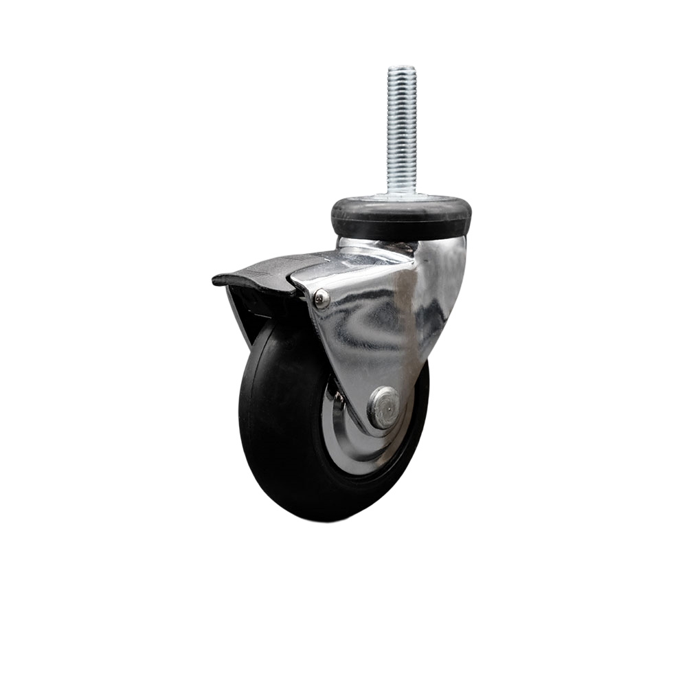 3 Inch Swivel Caster Wheels for Furniture - Bright Chrome Hooded Neoprene Rubber Wheel with 10mm - 1.50 x 1-1/2 Inch Metric Threaded Stem and Brake - 110 lbs. Per Caster - Service Caster Brand — photo 1