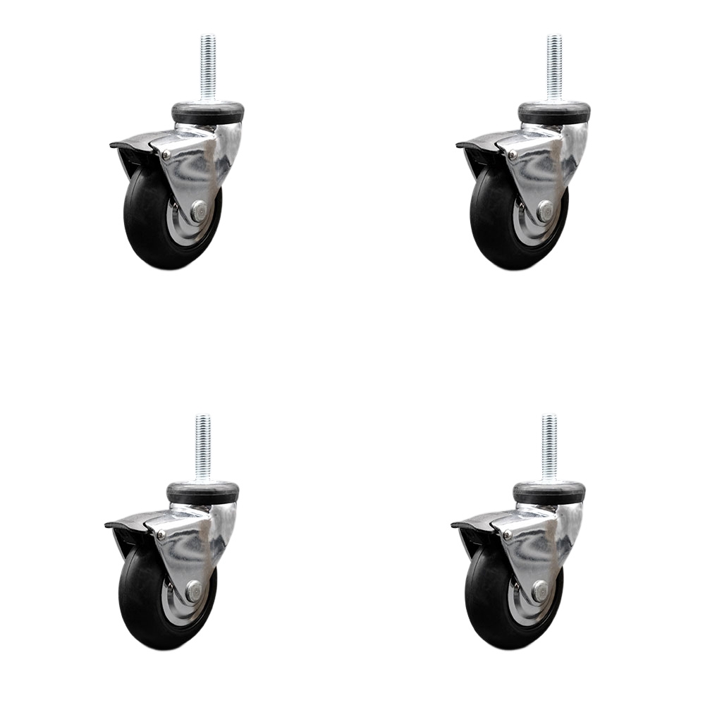 3 Inch Swivel Caster Wheels for Furniture - Bright Chrome Hooded Neoprene Rubber Wheel with 12mm - 1.75 x 1-1/2 Inch Metric Threaded Stem and Brake-440lbs. Total Capacity-Set of 4-Service Caster Brand — photo 1